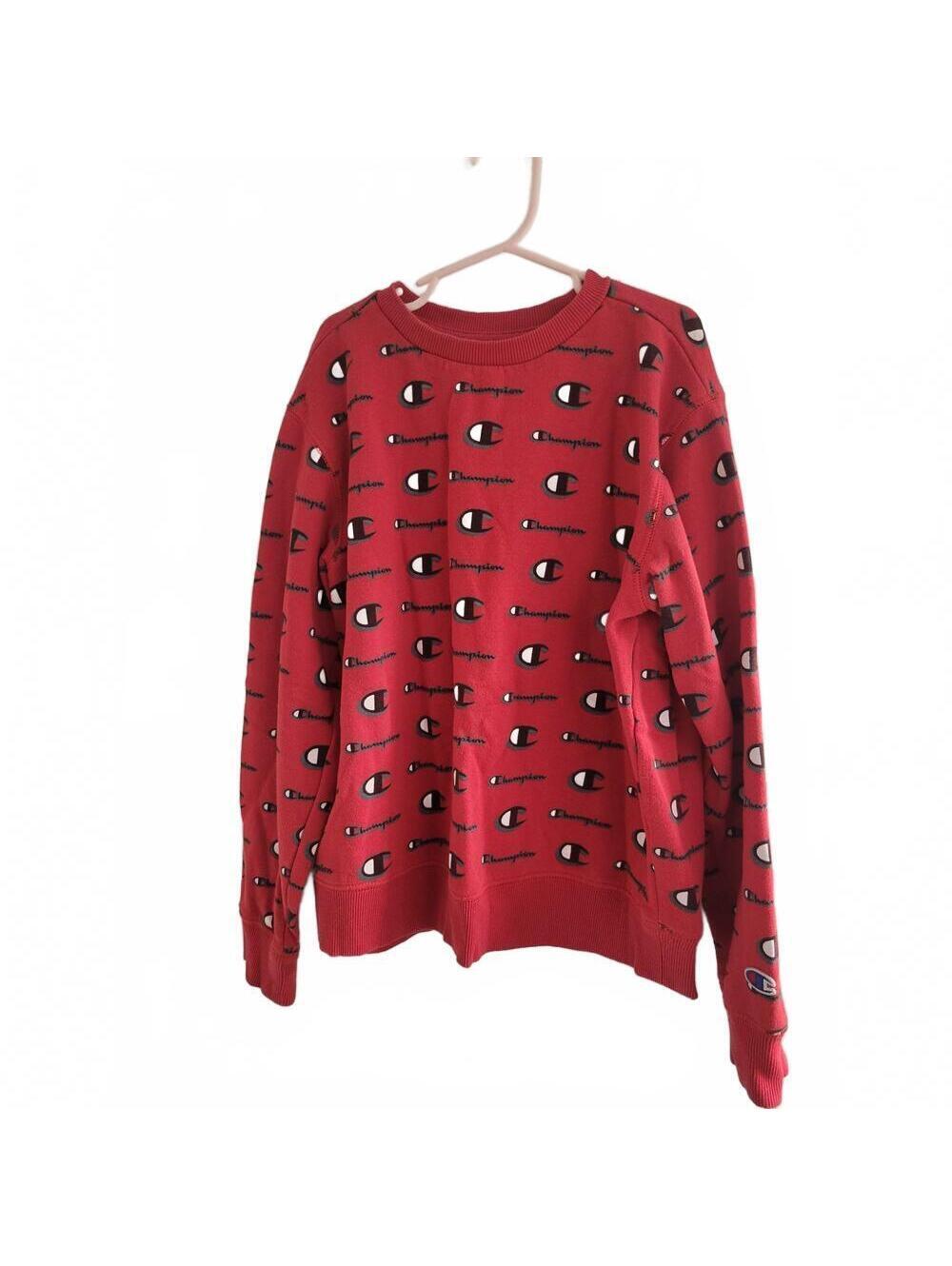 Champion Boys Red Pull Over Crew Neck All Over Logo Sweater Size M